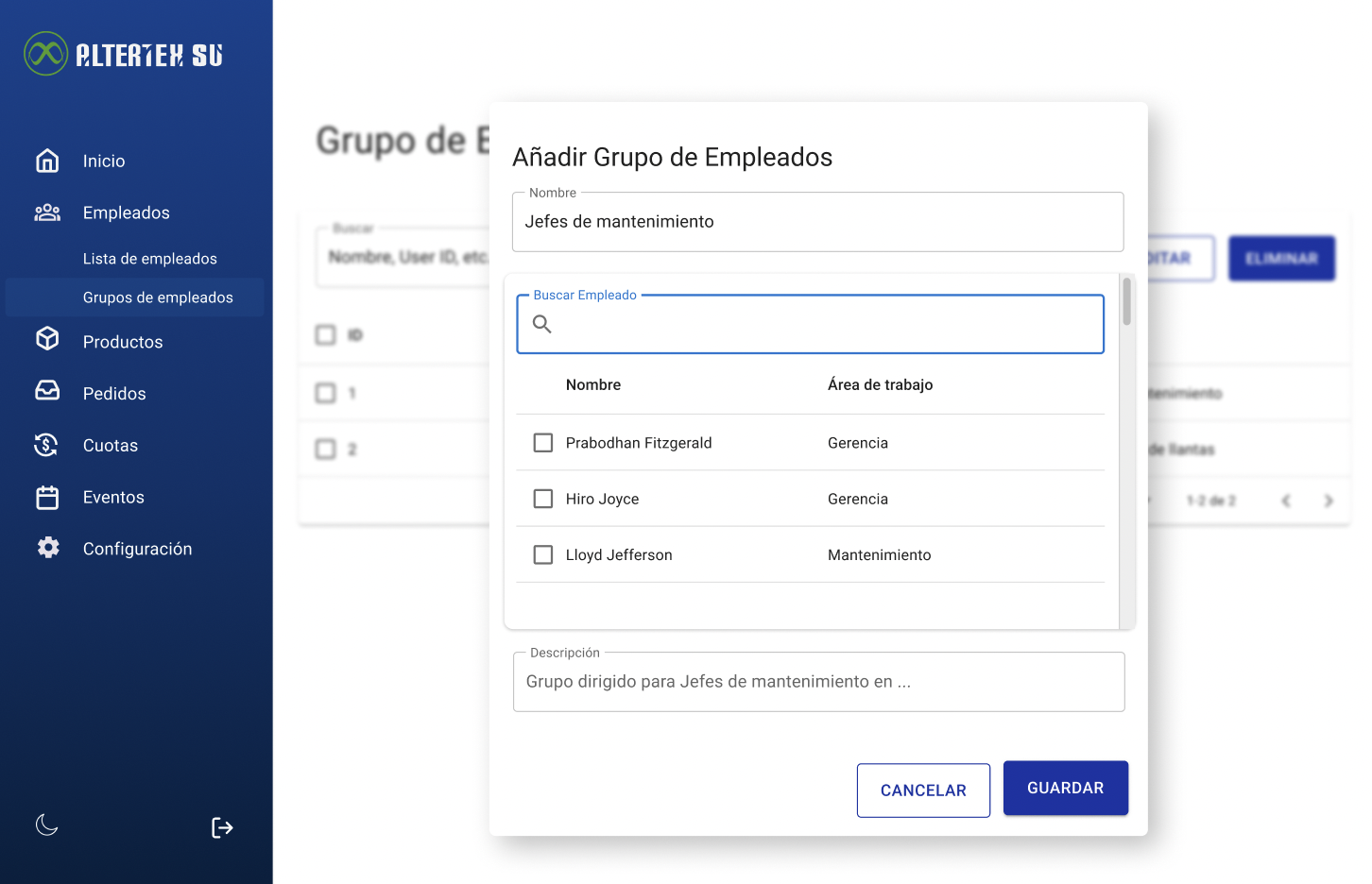 Interfaz de crear grupo de empleados