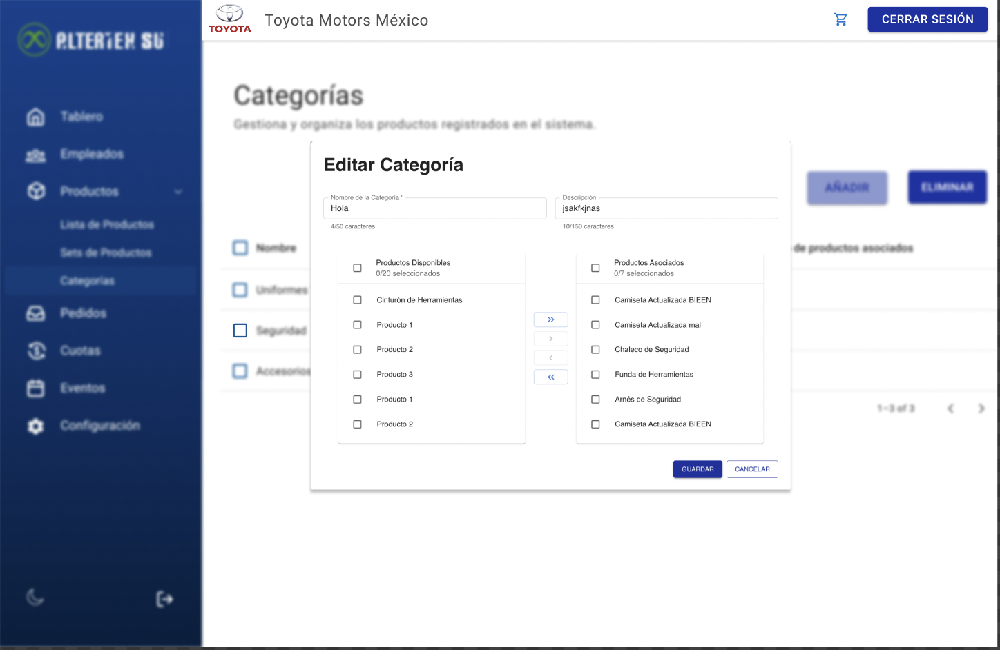 Interfaz de Actualizar Categorías