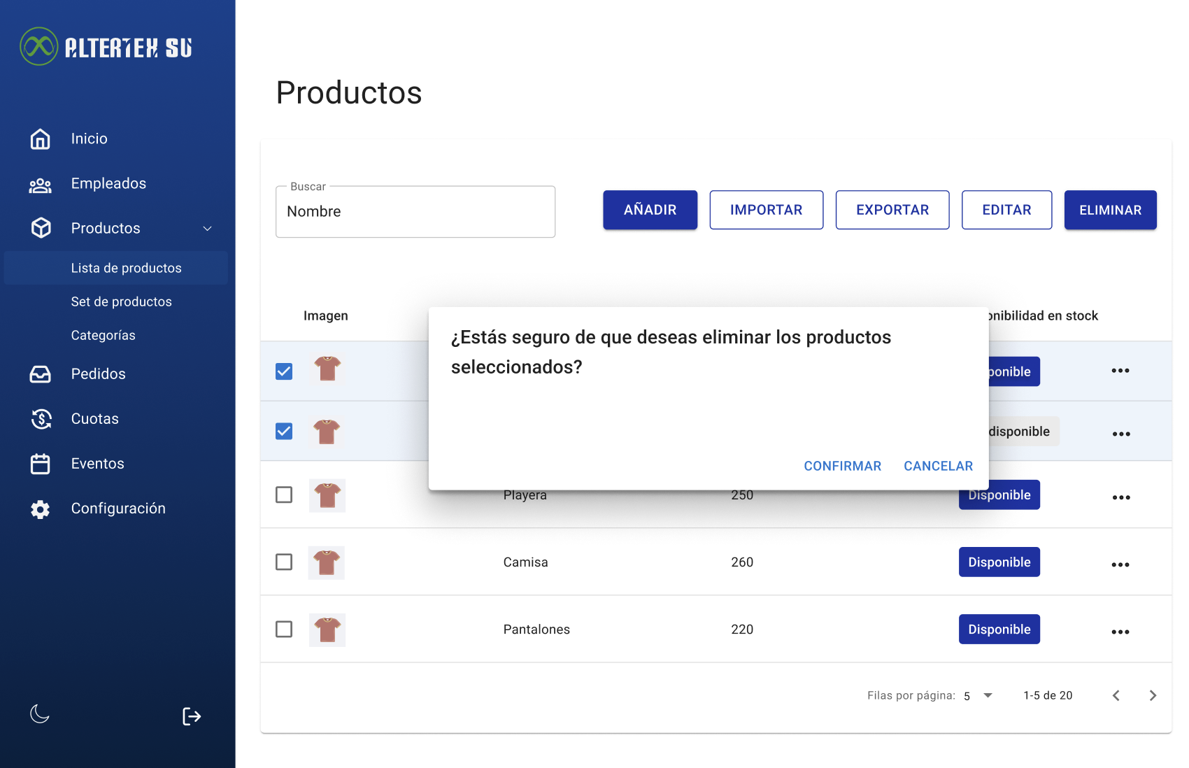 Interfaz de eliminar producto