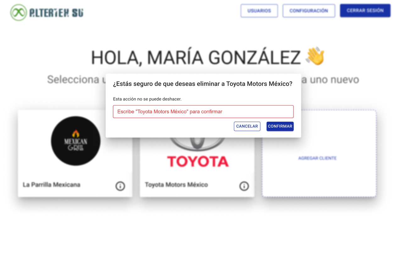 Interfaz de confirmación de eliminar cliente