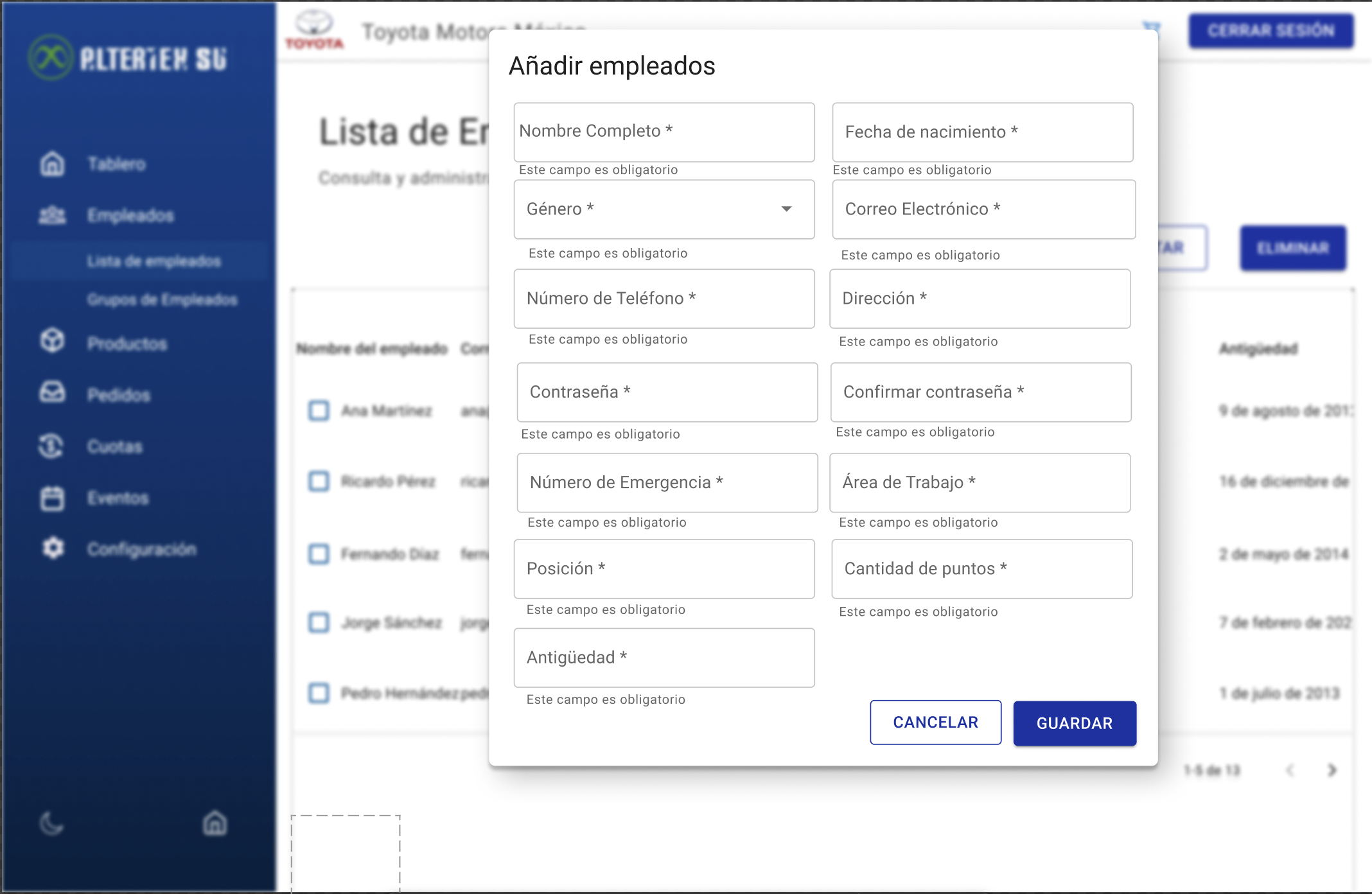 Interfaz de agregar empleado