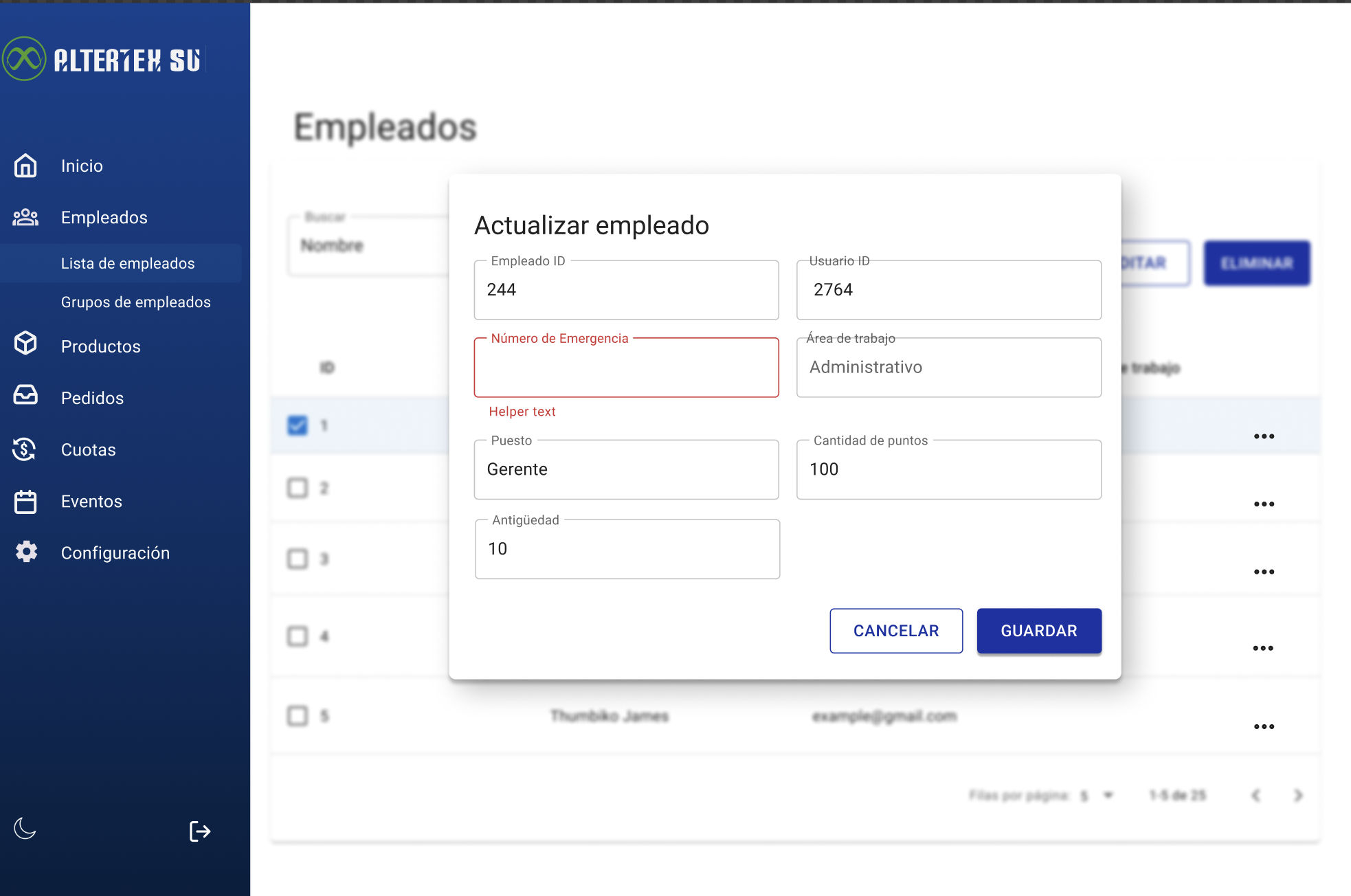 Interfaz para actualizar la información de un empleado