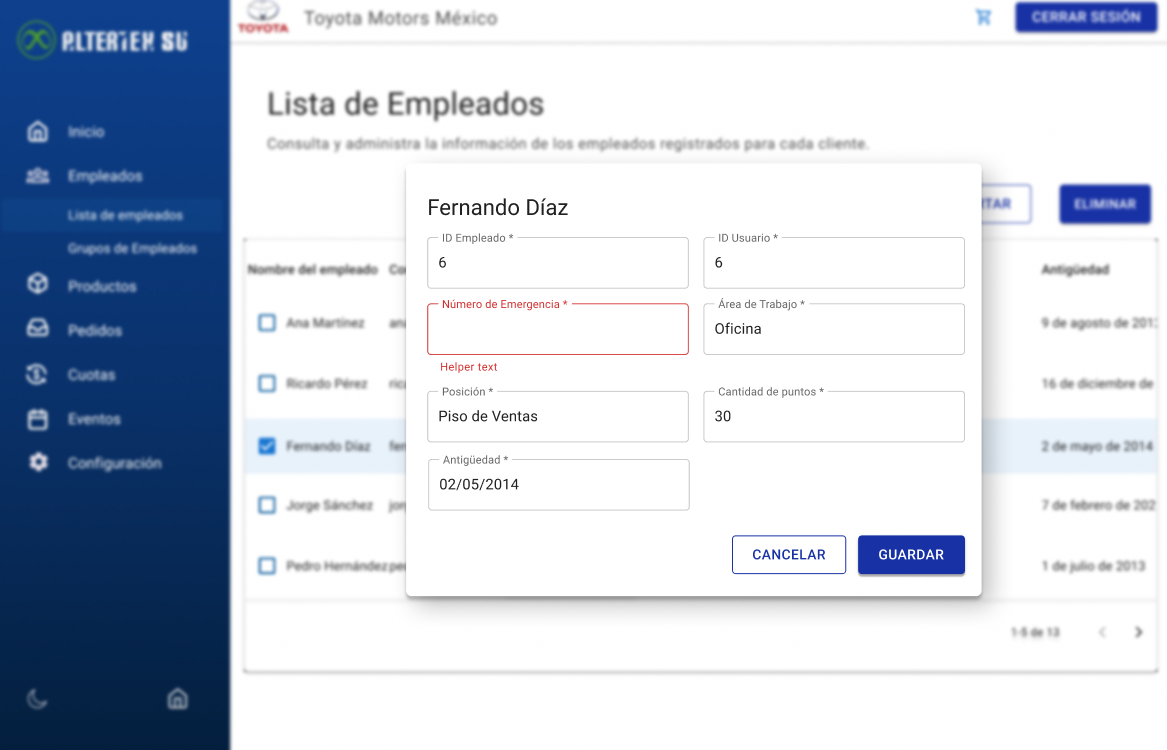 Interfaz para actualizar la información de un empleado