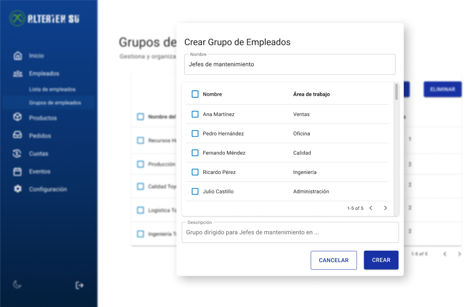 Interfaz de crear grupo de empleados