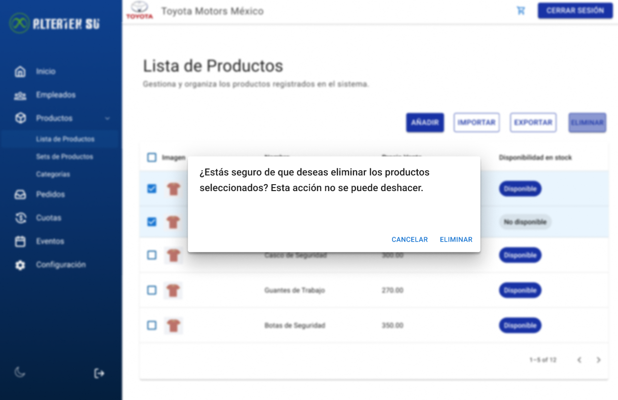 Interfaz de eliminar producto