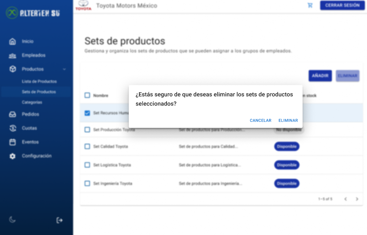 Interfaz de Eliminar Categoria de Productos