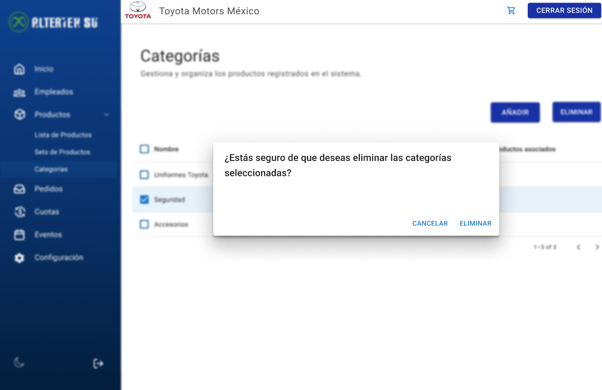 Interfaz de Eliminar Categoria de Productos