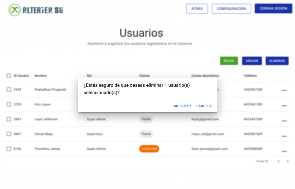 Interfaz para eliminar a un usuario