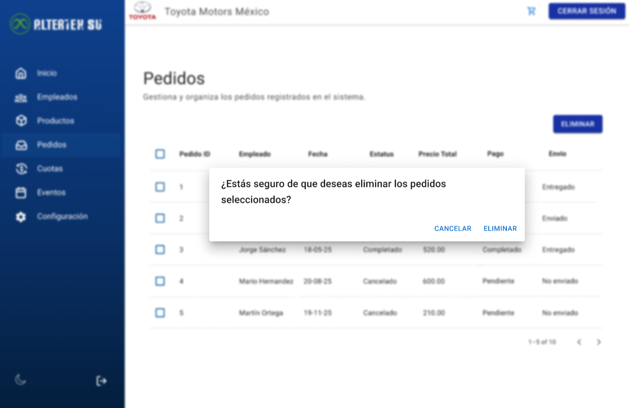 Interfaz de eliminar pedidos