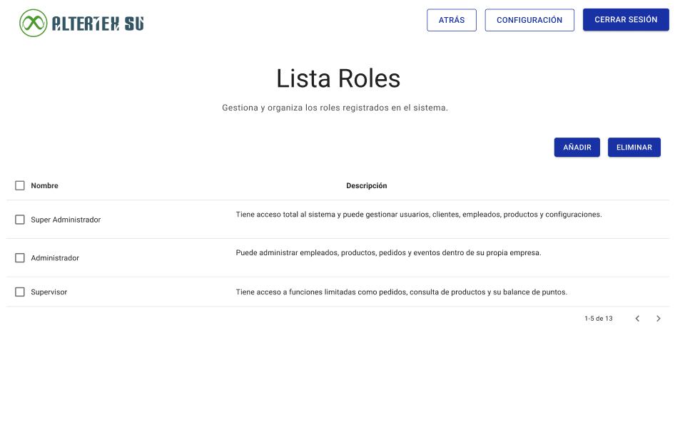 Interfaz de consultar lista de roles