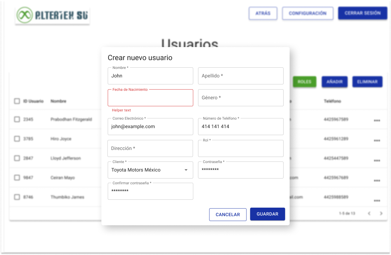 Interfaz de crear usuario