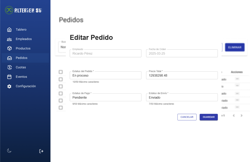 Interfaz de actualizar pedido