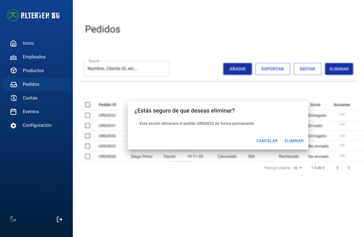 Interfaz de eliminar pedidos
