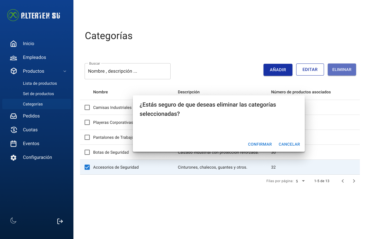 Interfaz de Eliminar Categoria de Productos