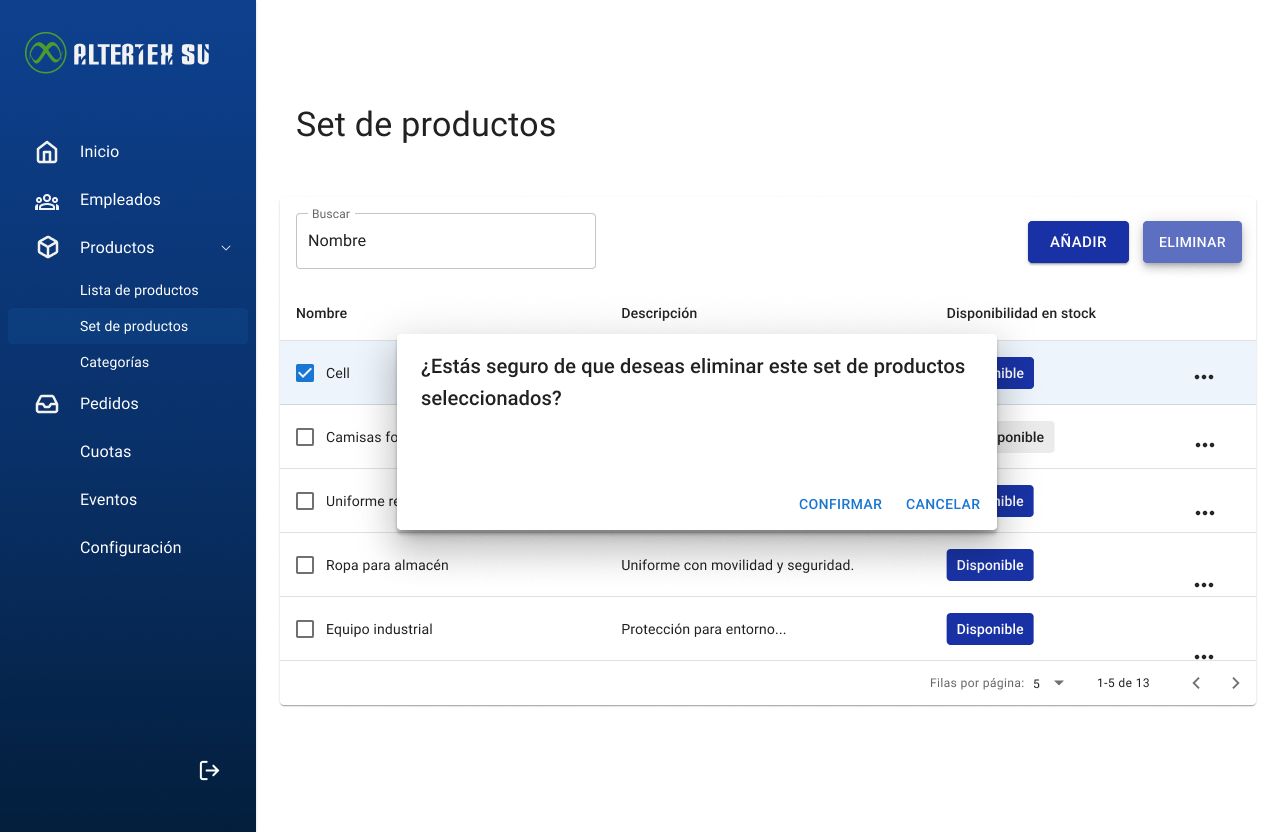 Interfaz de Eliminar Categoria de Productos